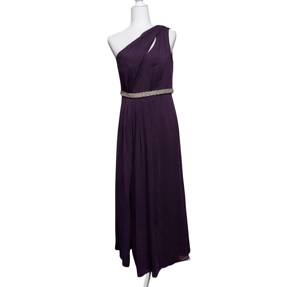 David's Bridal Plum One Shoulder Maxi Dress Embellished Belt Elegant Sz 8 Formal